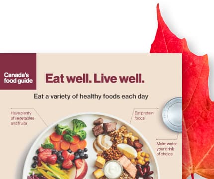 An image shows healthy eating tips with text reading "Eat well. Live well with Eat a varity of healthy foods each day" .
