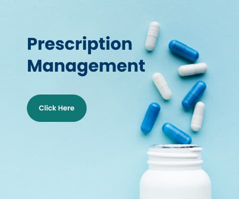 In this image, text reading 'Prescription Management' and at the bottom, there is a 'Click Here' button.